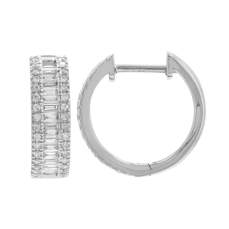 14K White Gold Baguette & Round Diamond Small Huggie Earrings