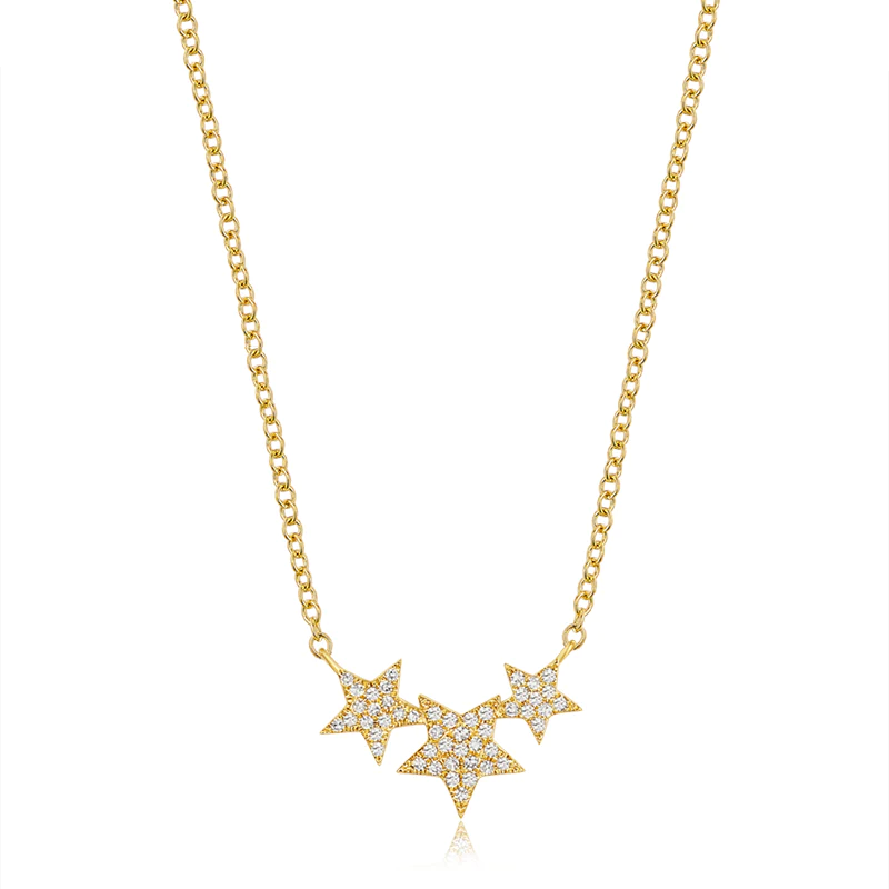 14K Yellow Gold Diamond Star Three Station Necklace