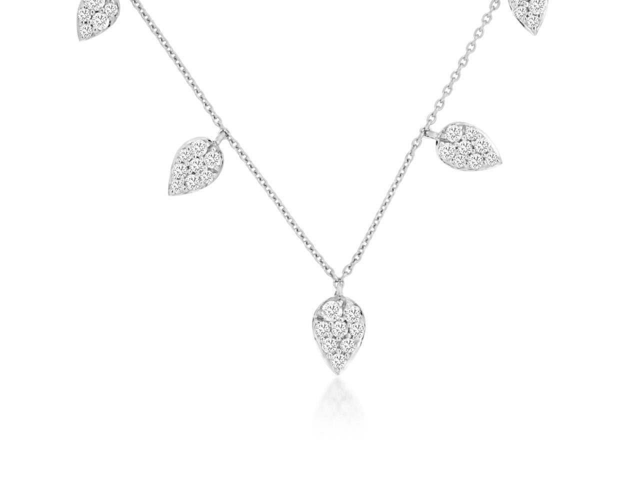 14K White Gold Pave Set Diamond Pear Shape Station Necklace