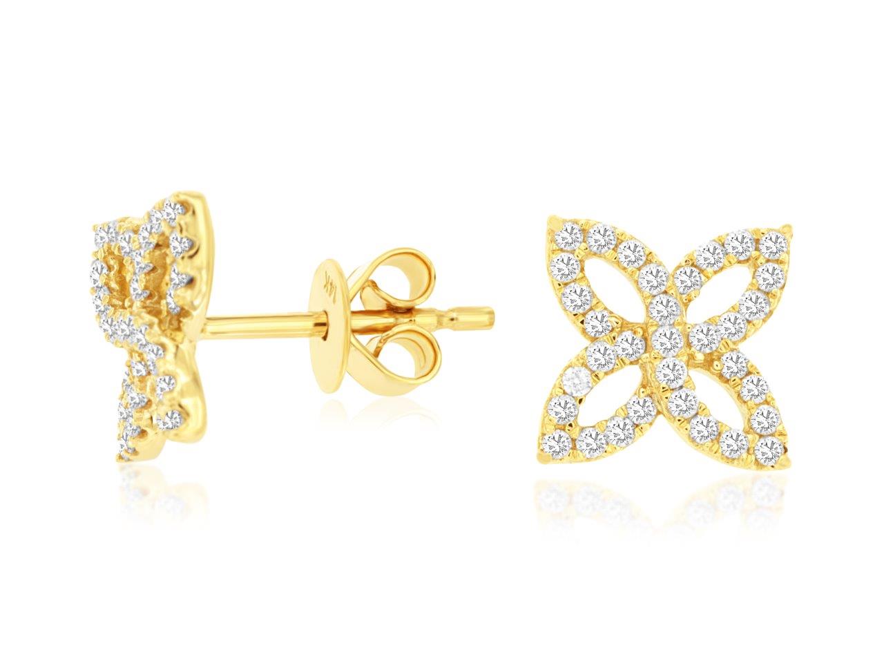 14K Yellow Gold Floral Diamond Stud Earrings