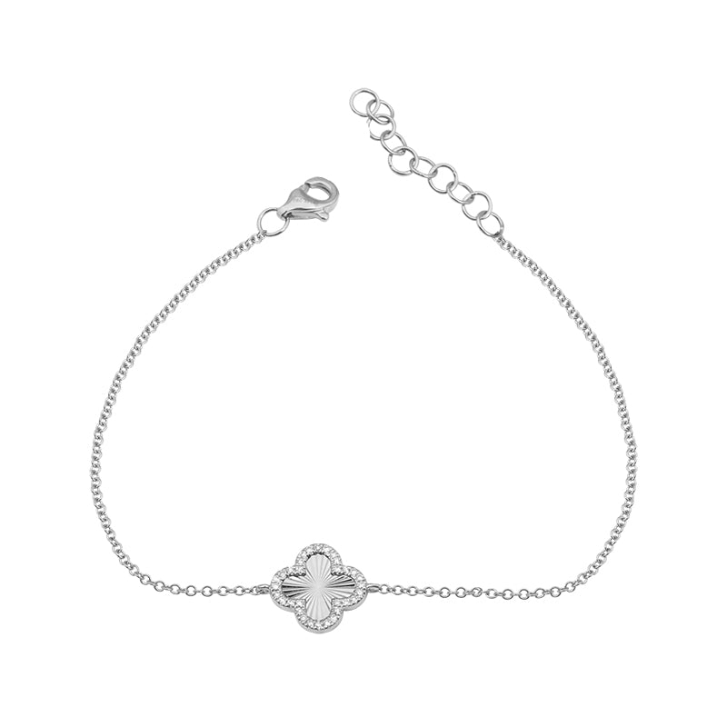 14K White Gold Diamond Fluted Clover Design Center Stationed Bracelet