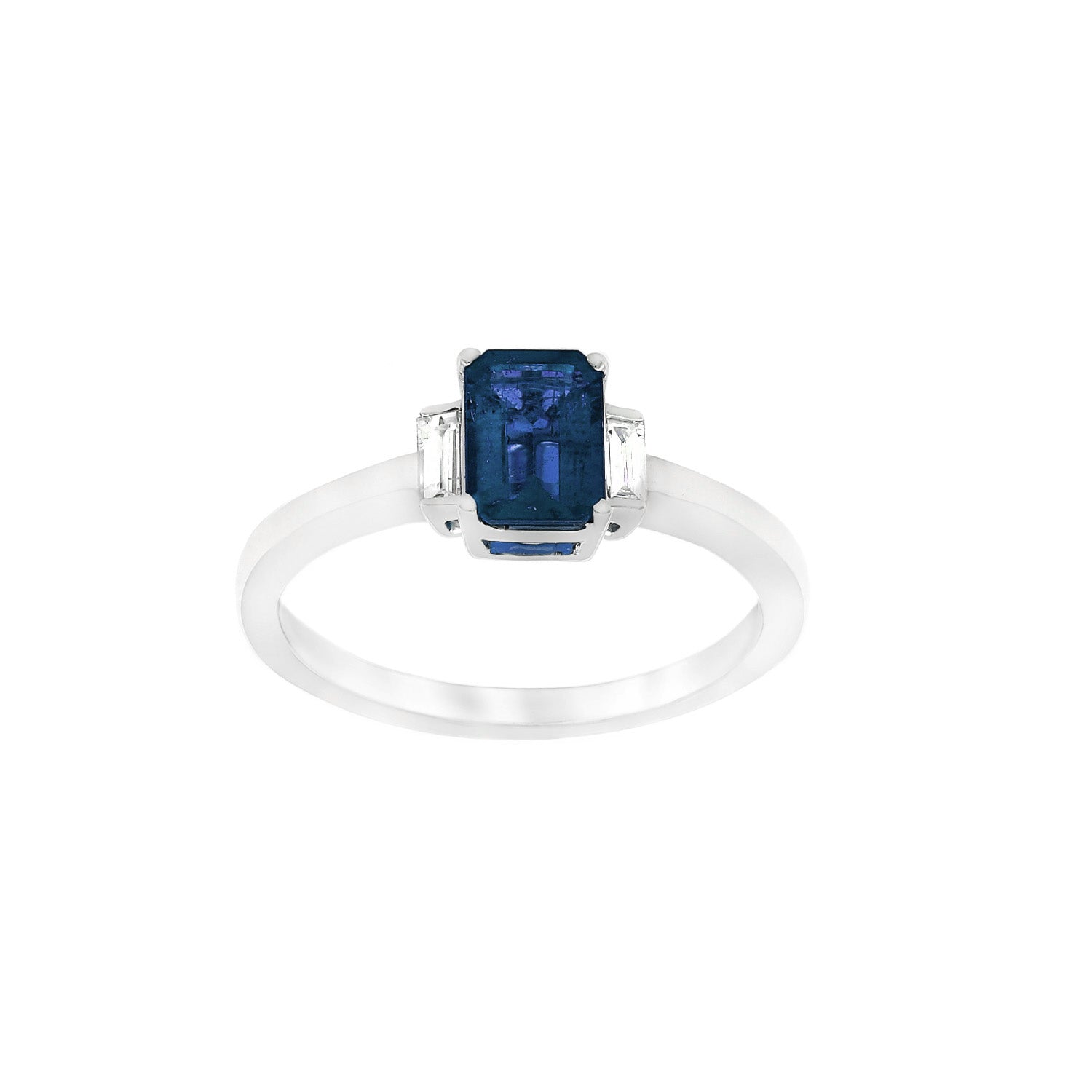 14K White Gold Emerald Cut Sapphire & Diamond Three Stone Ring