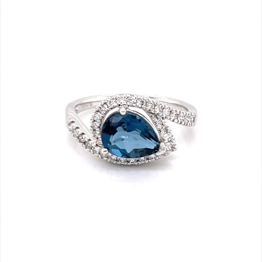 14K White Gold London Blue Topaz & Diamond Bypass Ring