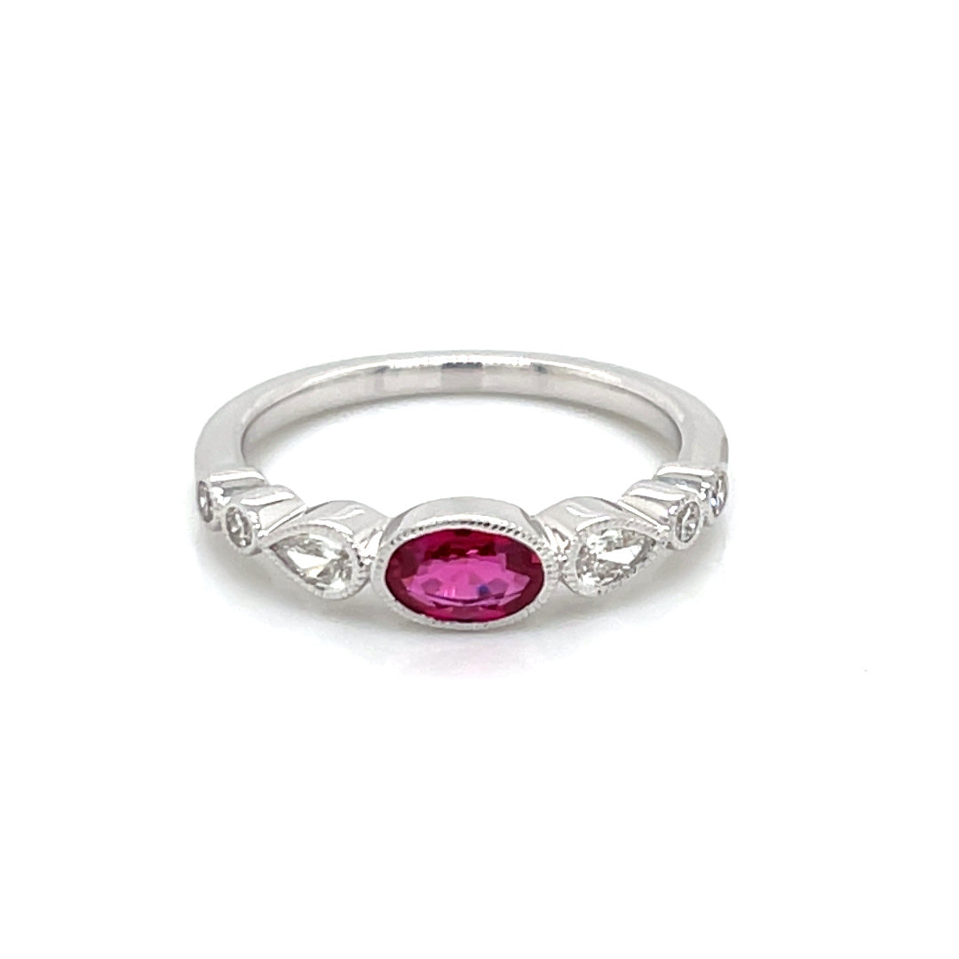 18K White Gold Ruby & Diamond Bezel Ring by Simon G. Jewelry