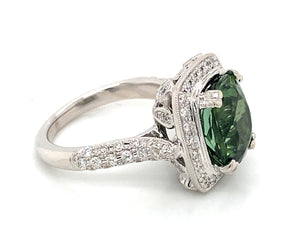 18K White Gold Green Tourmaline & Diamond Halo Ring