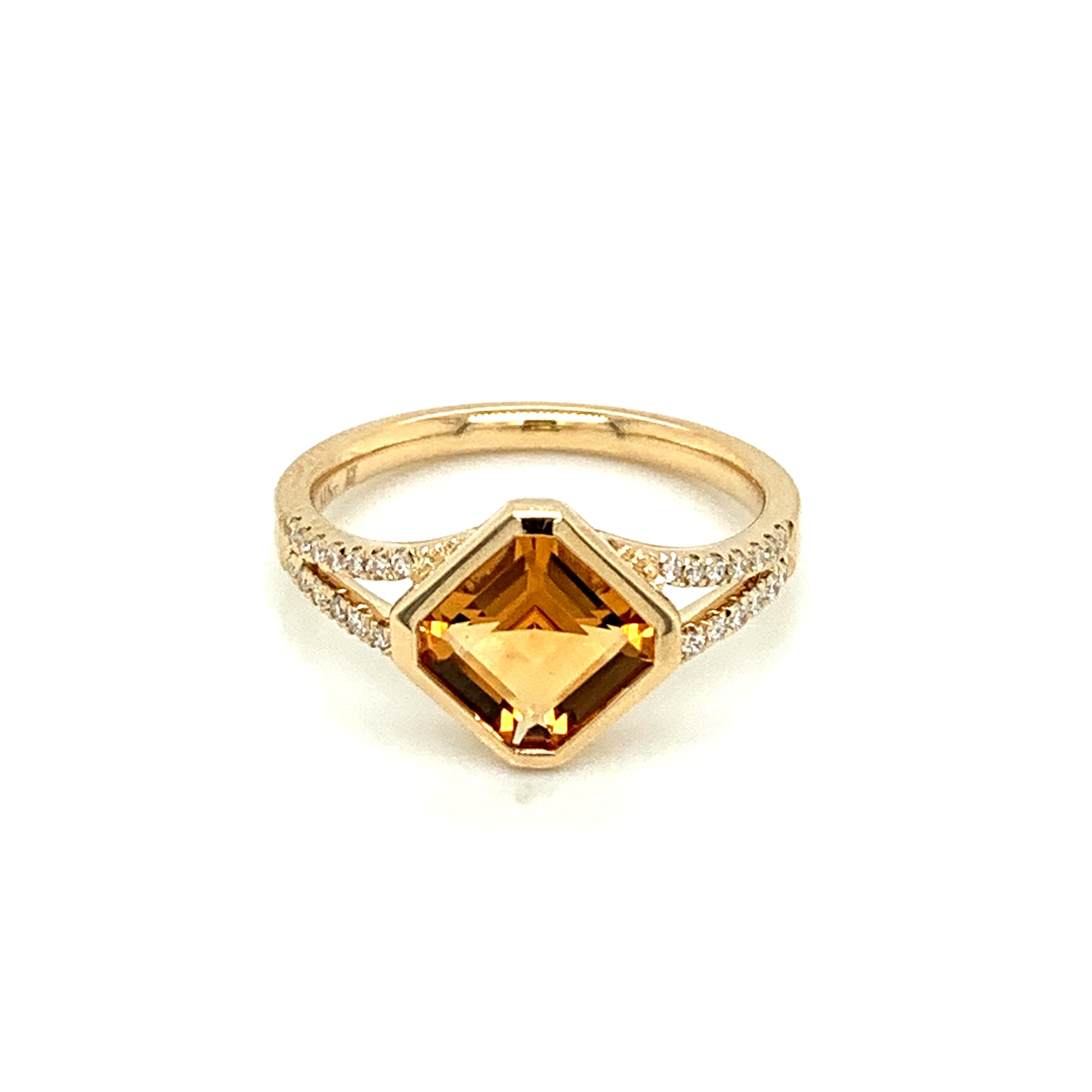 14K Yellow Gold Square Emerald Cut Citrine & Diamond Ring