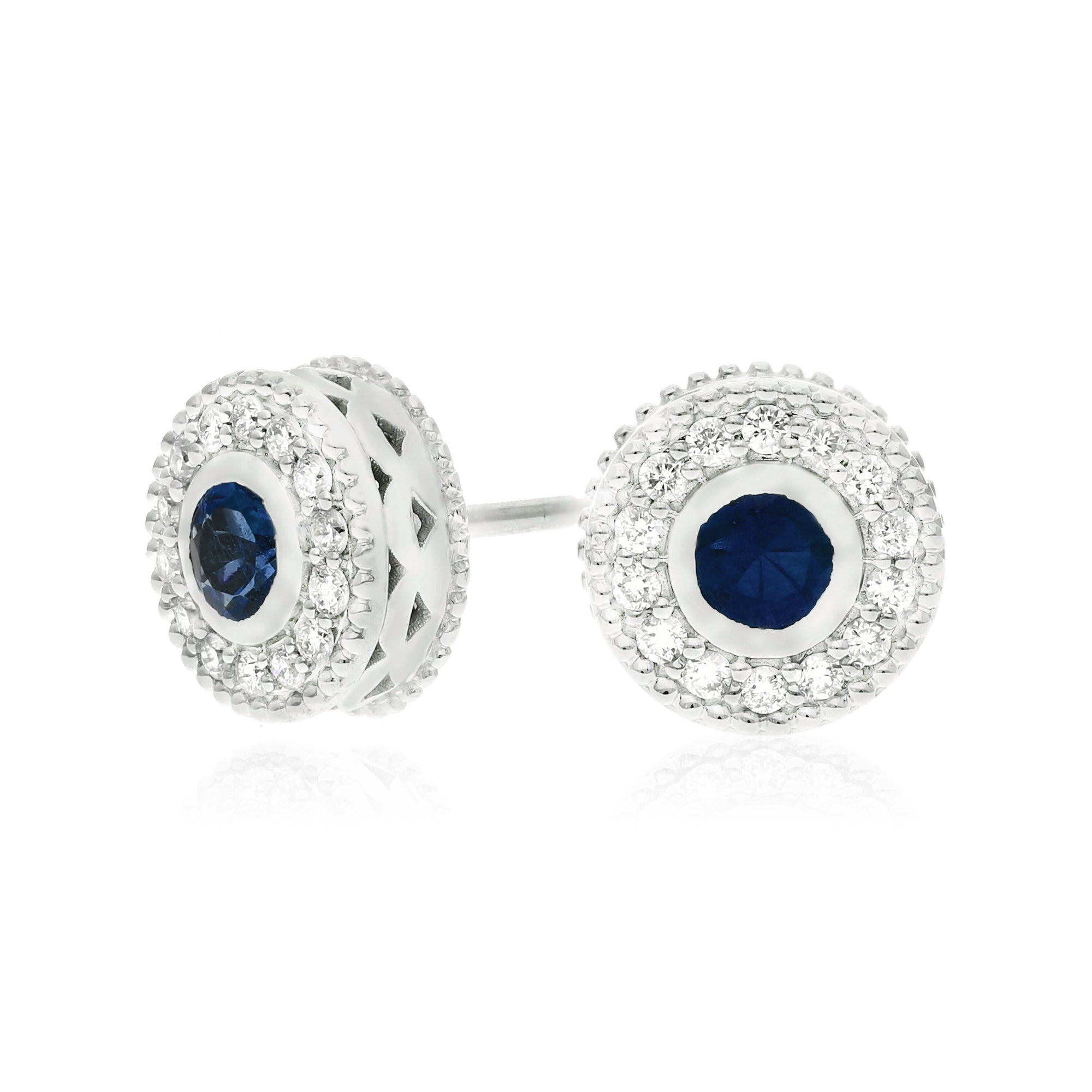 14K White Gold Sapphire & Vintage Style Diamond Halo Stud Earrings