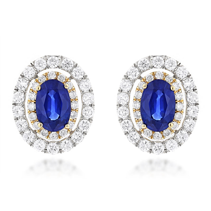 14K White & Yellow Gold Oval Sapphire & Double Diamond Halo Stud Earrings