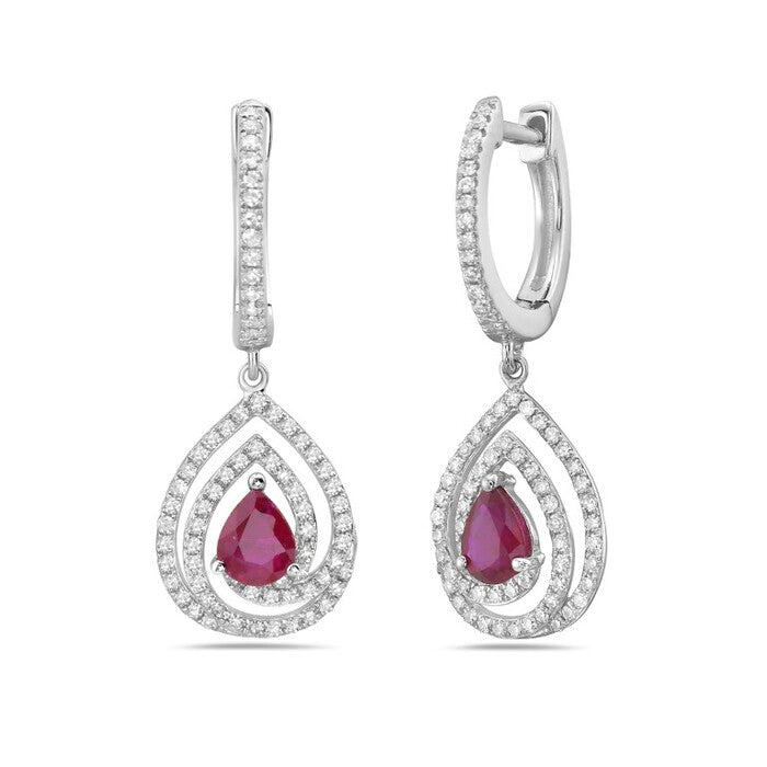 14K White Gold Pear Shape Ruby & Diamond Drop Earrings