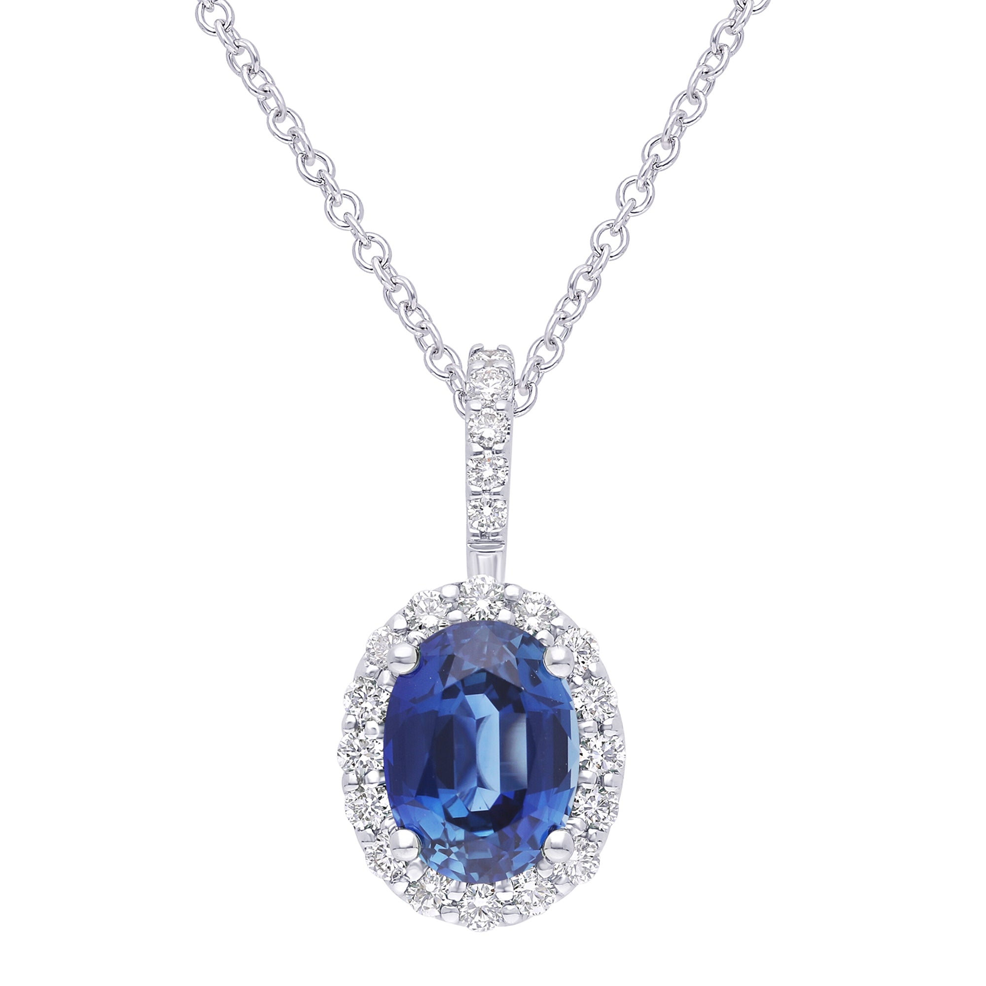 14K White Gold Oval Sapphire & Diamond Halo Necklace