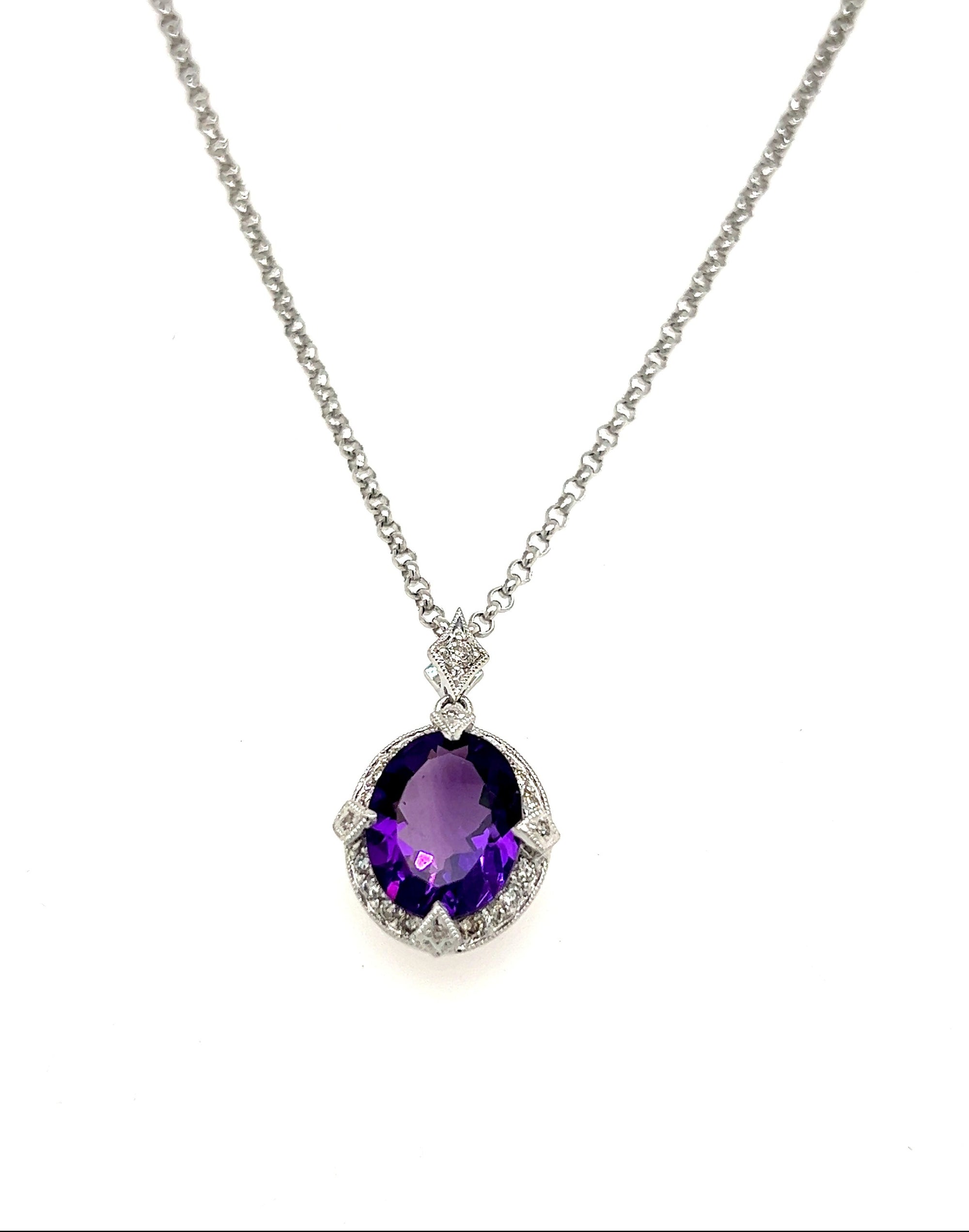 14K White Gold Oval Amethyst Necklace with Vintage Design Diamond Halo