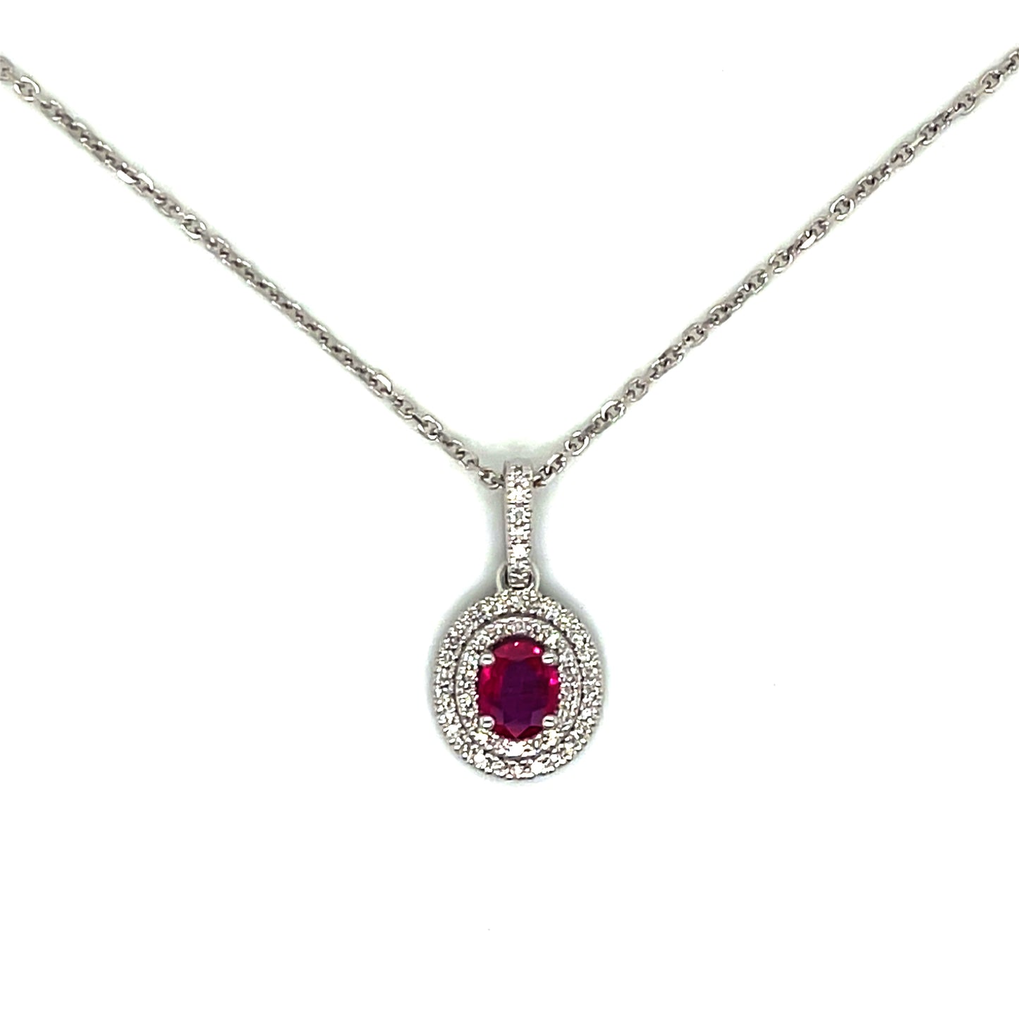 14K White Gold Oval Shape Ruby & Double Diamond Halo Necklace