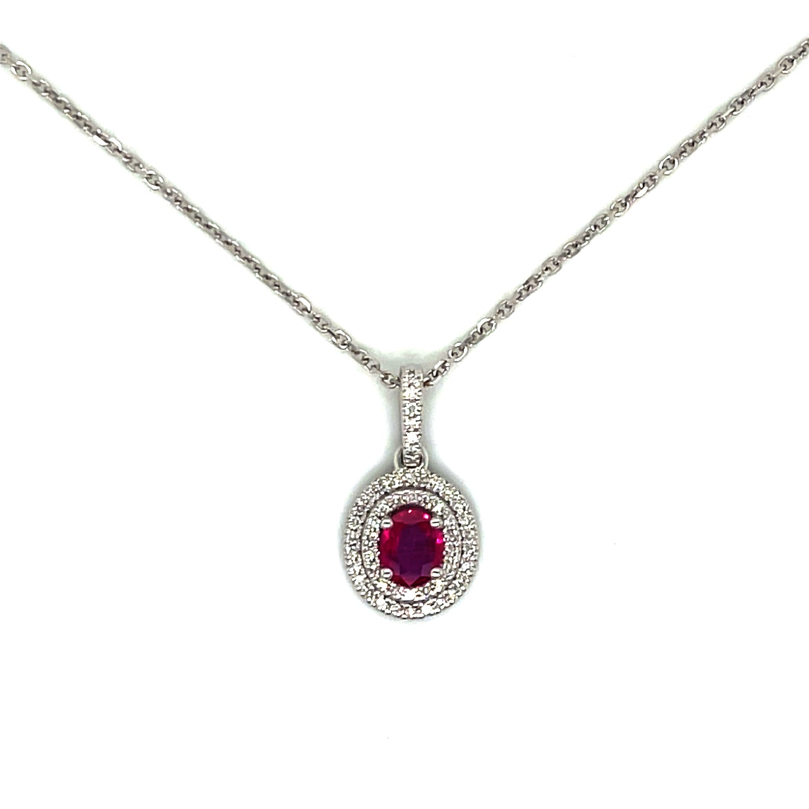 14K White Gold Oval Shape Ruby & Double Diamond Halo Necklace