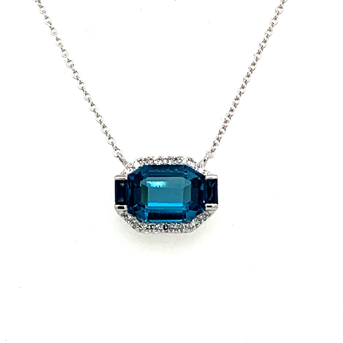 14K White Gold London Blue Topaz with Diamonds Necklace