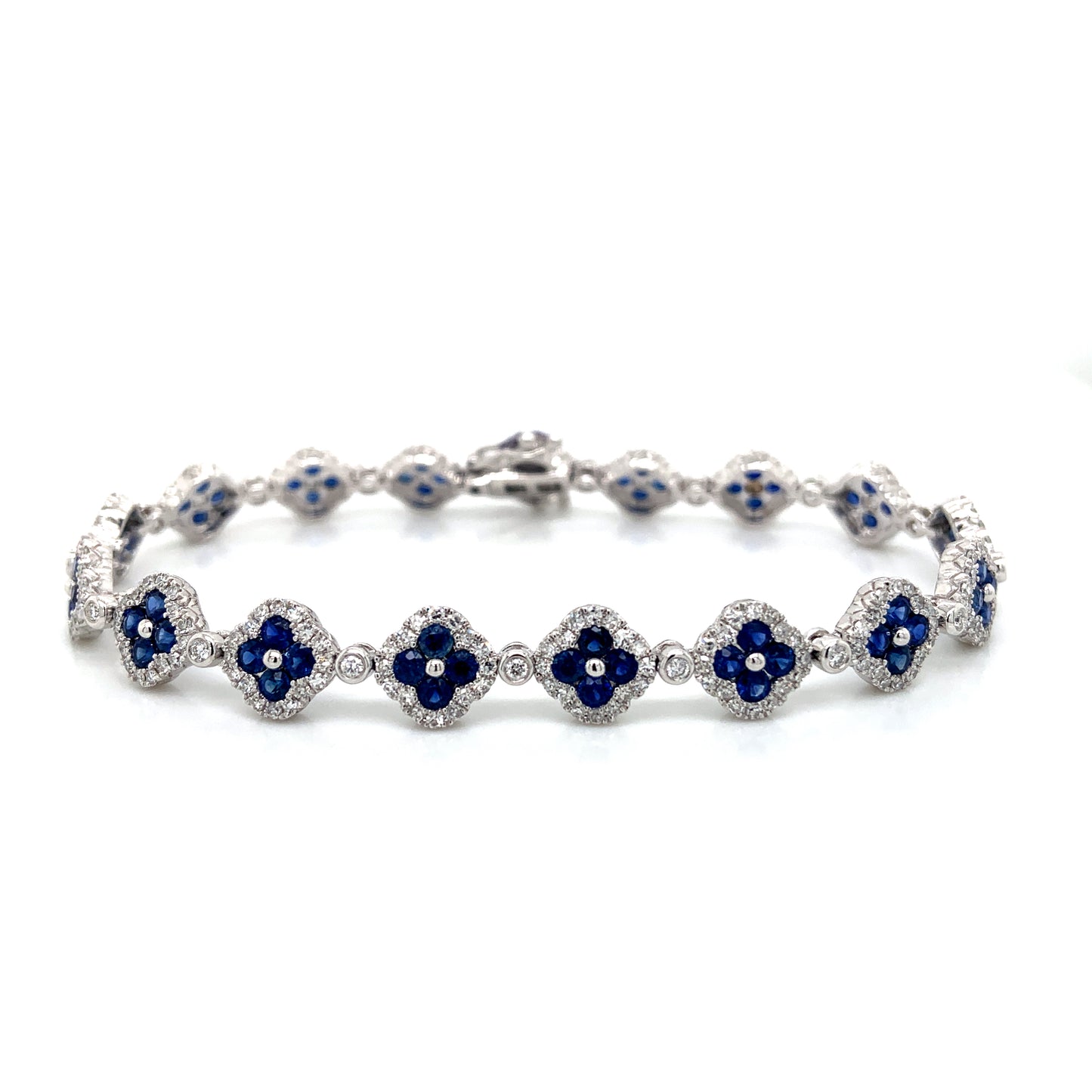 14K White Gold Sapphire & Diamond Clover Design Tennis Bracelet