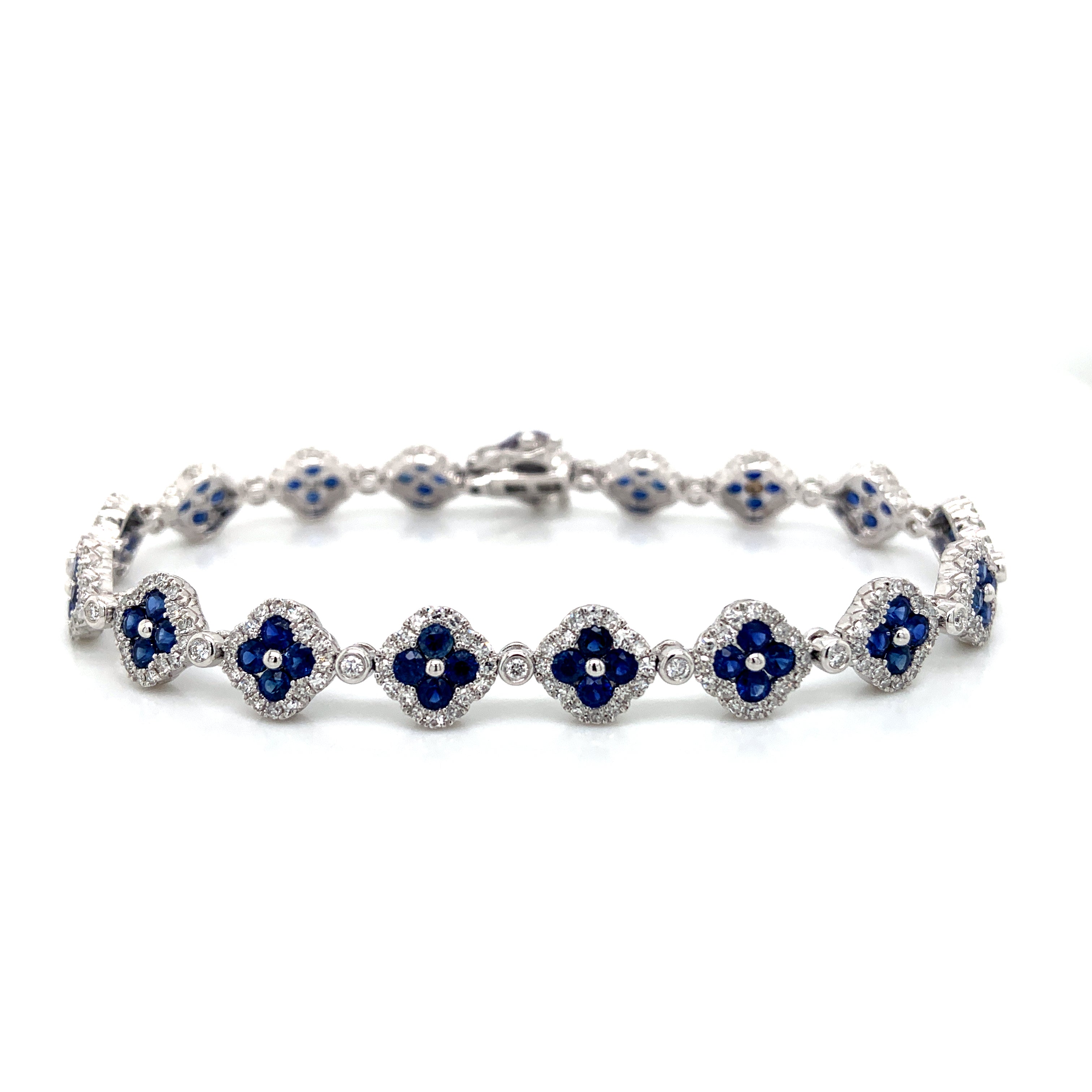 14K White Gold Sapphire & Diamond Clover Design Tennis Bracelet