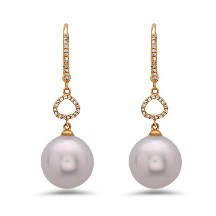 14K Yellow Gold Pearl Drop Lever Back Earrings with Diamond Accents