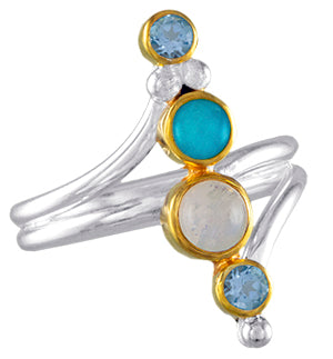Michou Sterling Silver &amp; 22K Gold Vermeil Four Stone Ring with Amazonite Blue Topaz &amp; Rainbow Moonstone