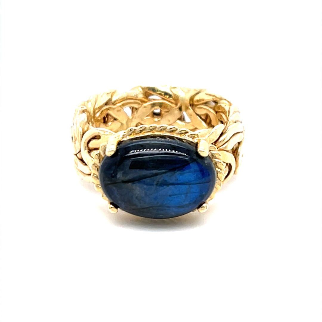 14K Yellow Gold Labradorite Oval Cabochon Byzantine Ring