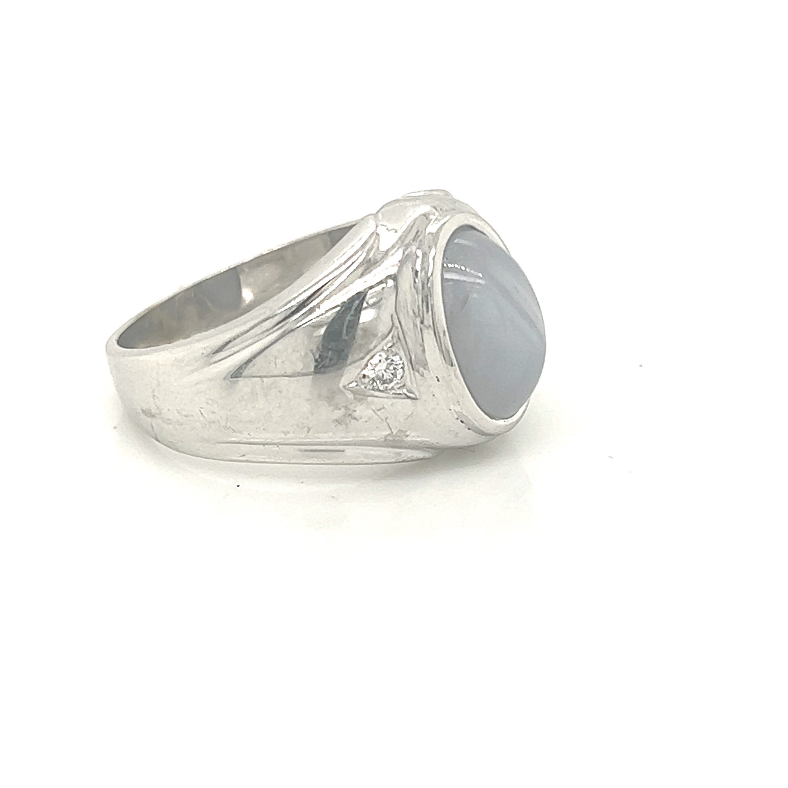 14K White Gold Genuine Star Sapphire Mens Ring