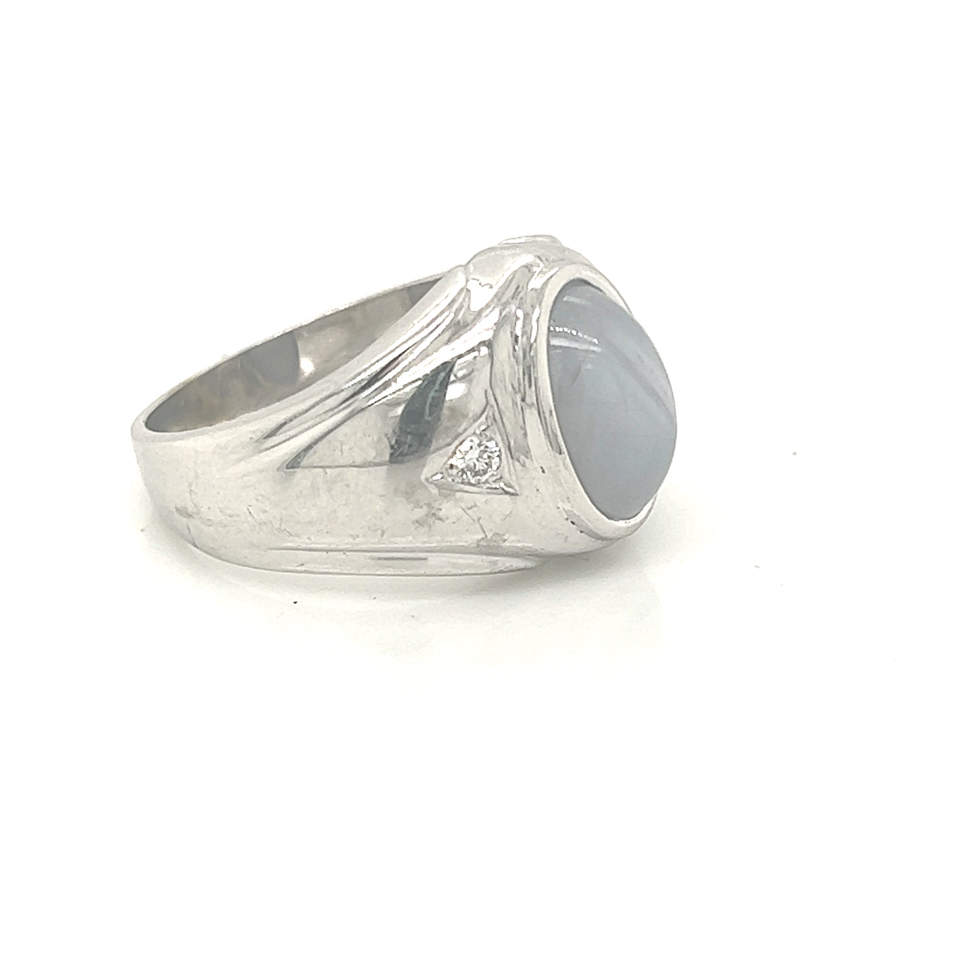 14K White Gold Genuine Star Sapphire Mens Ring