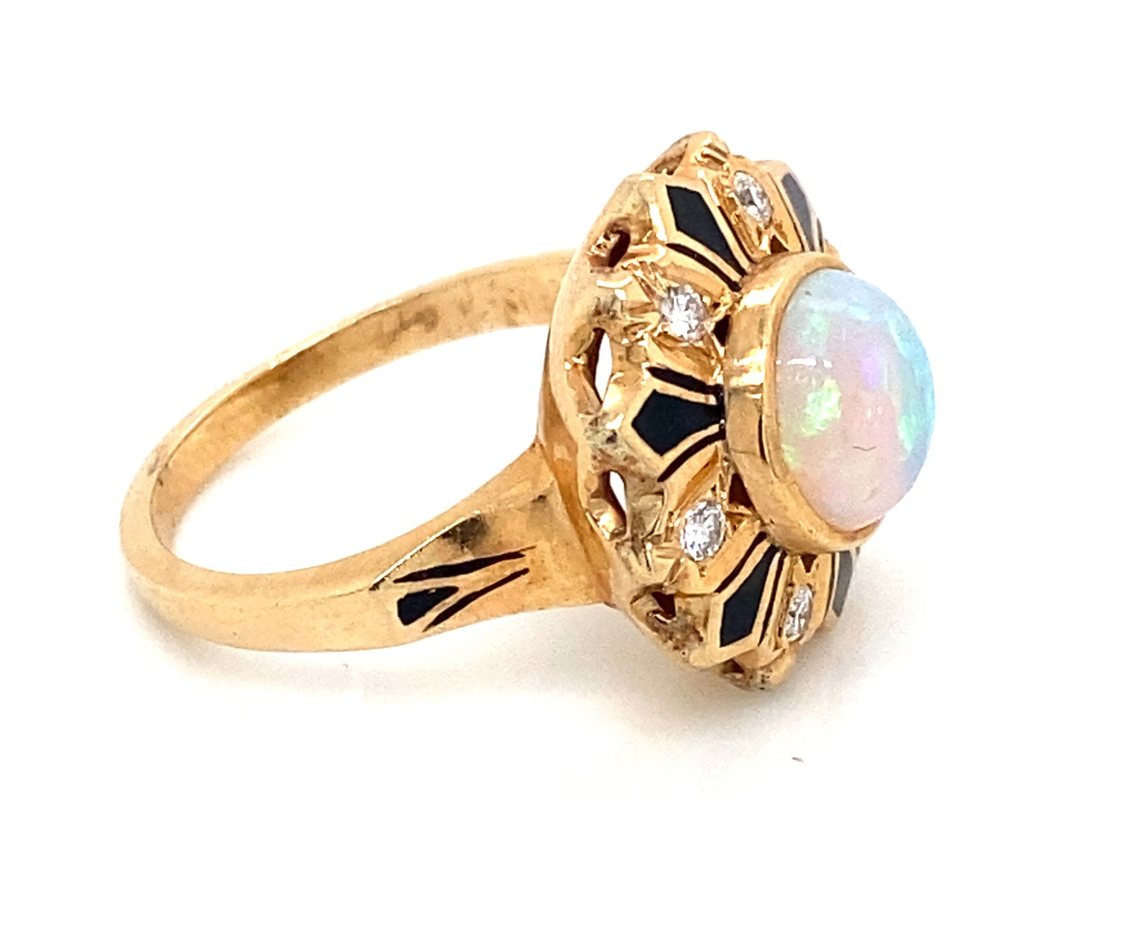 14K Yellow Gold Opal & Diamond Ring with Black Enamel