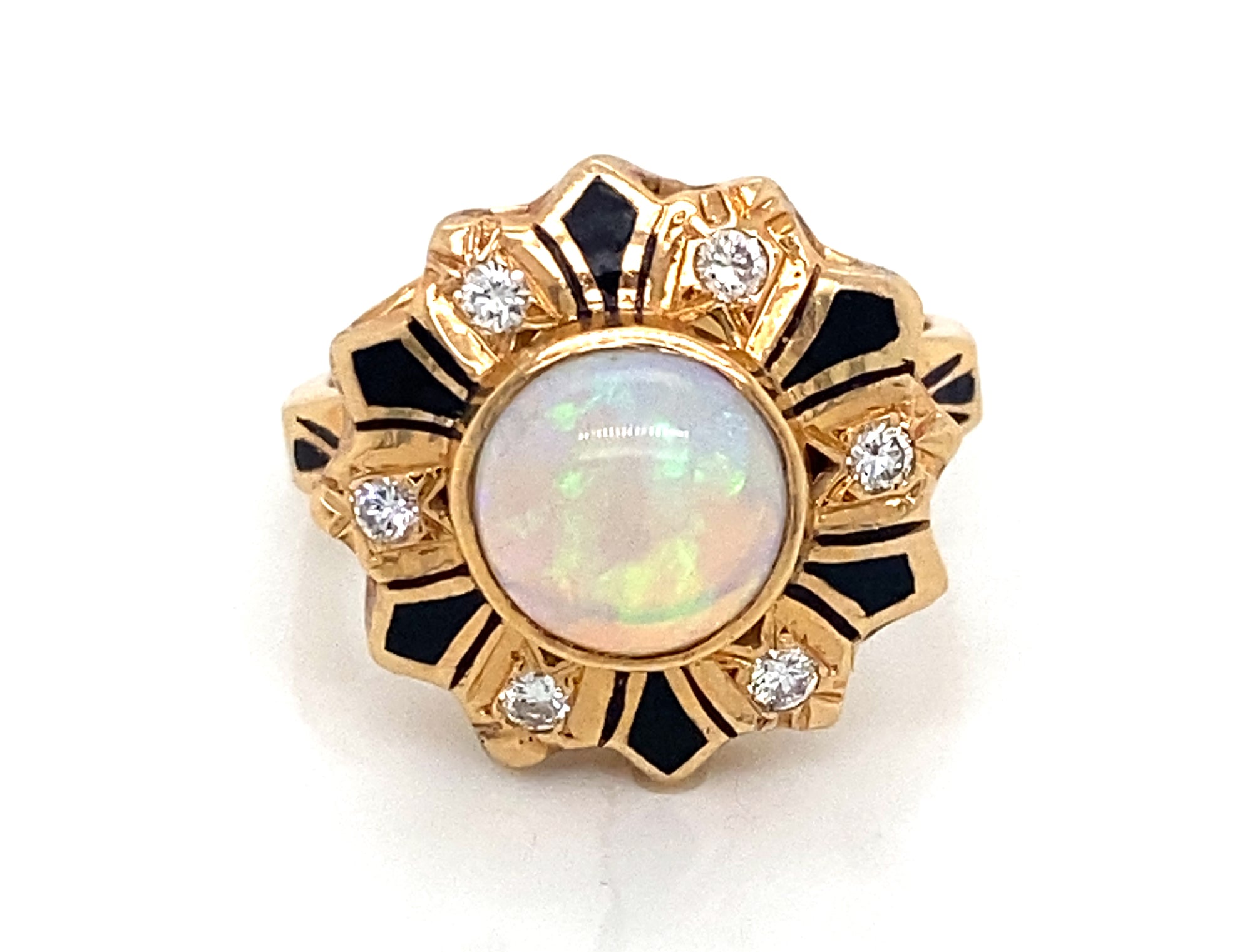 14K Yellow Gold Opal & Diamond Ring with Black Enamel