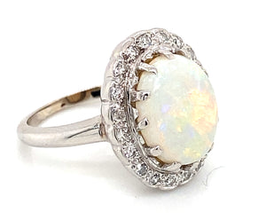 14K White Gold Opal & Diamond Halo Ring