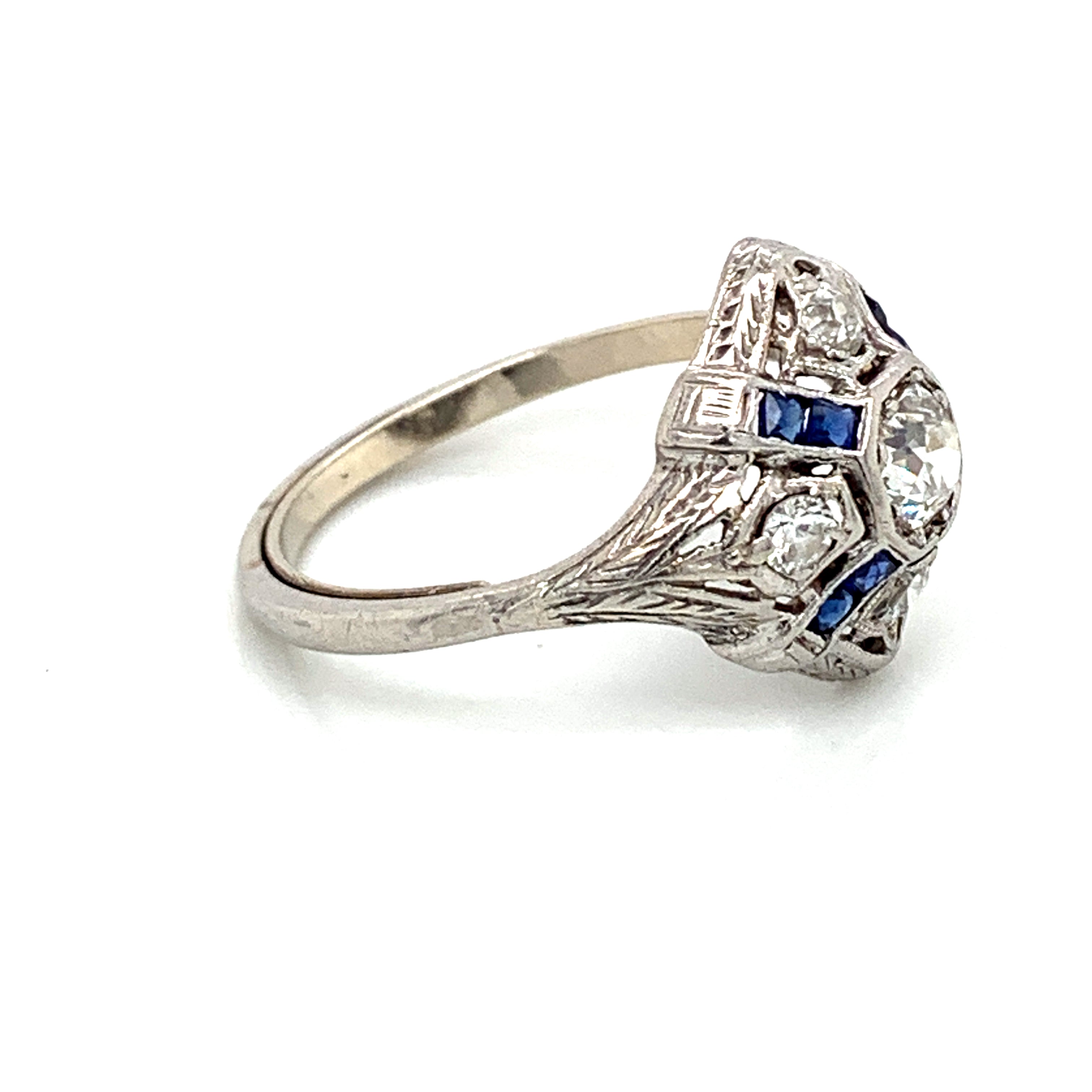 Platinum Art Deco Old Mine Cut Diamond & French Cut Sapphire Ring