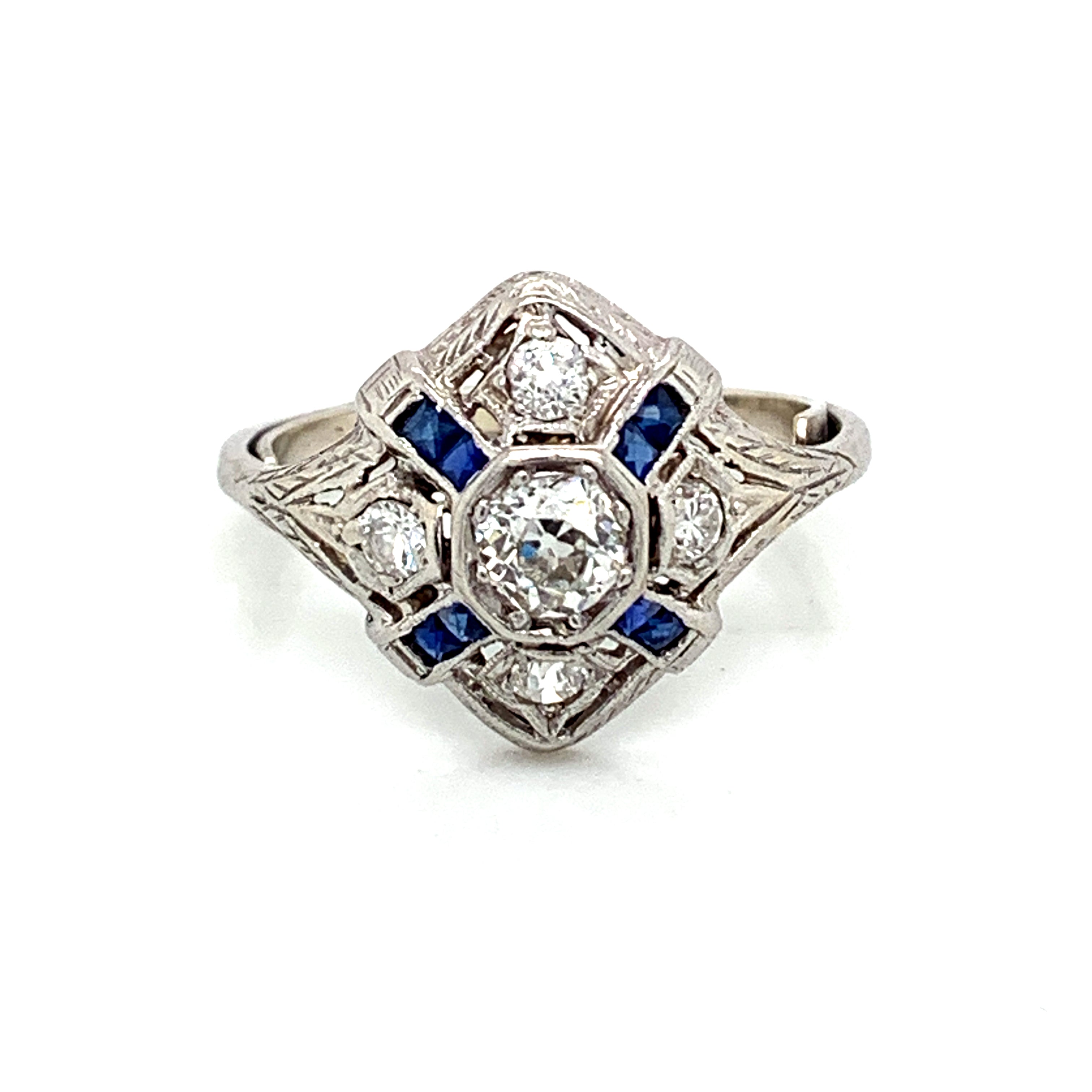 Platinum Art Deco Old Mine Cut Diamond & French Cut Sapphire Ring