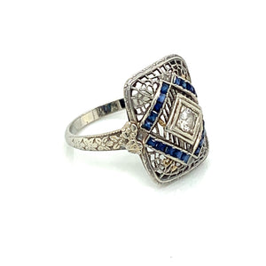 18K White Gold Diamond & Sapphire Art Deco Shield Ring