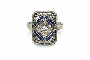 18K White Gold Diamond & Sapphire Art Deco Shield Ring