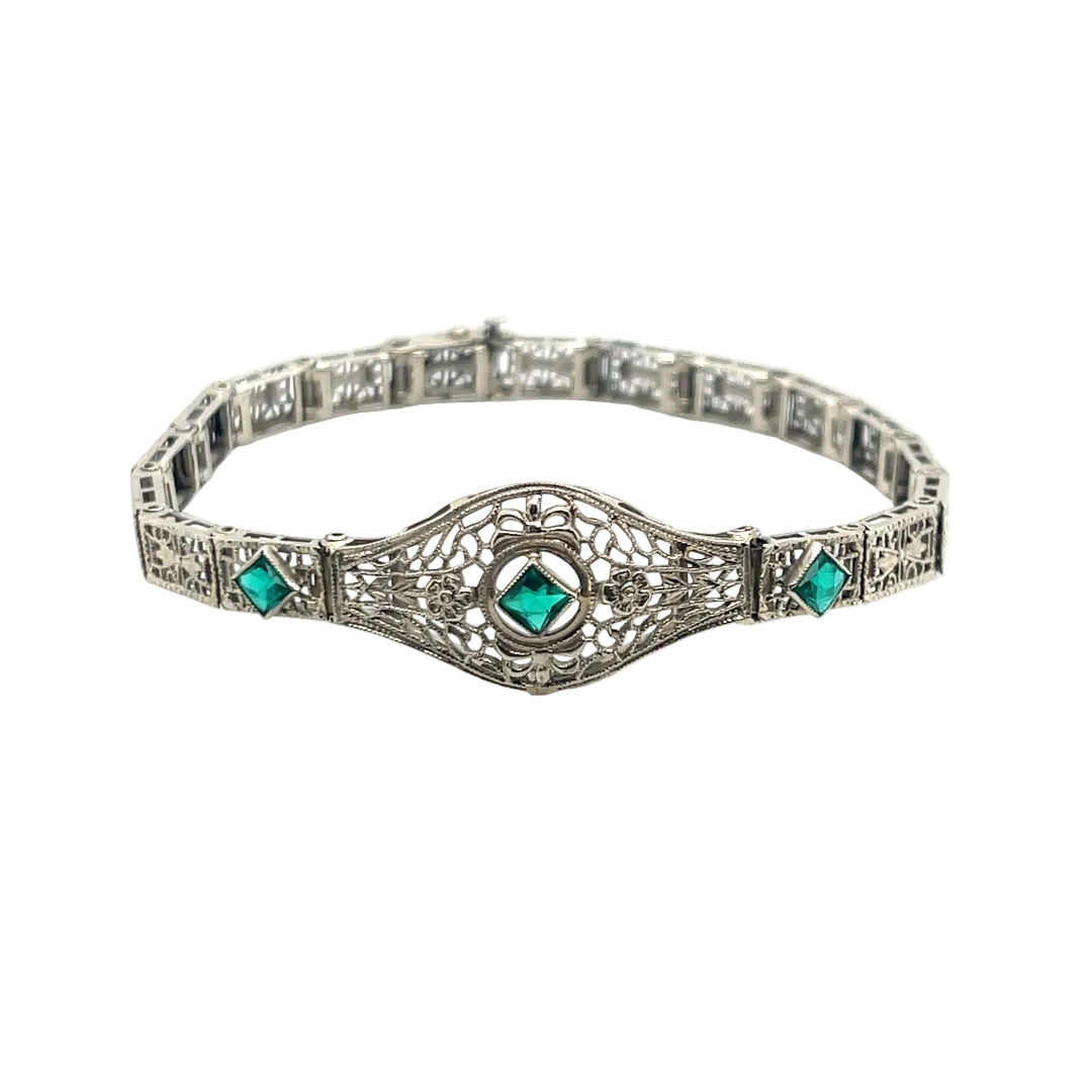 14K White Gold Vintage Imitation Emerald & Filigree Design Bracelet
