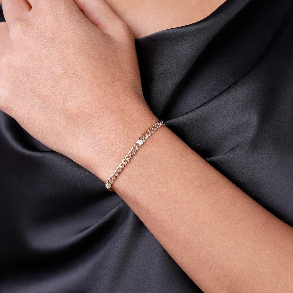 14K Yellow Gold Curb Link Bracelet with Bezel Set Diamonds