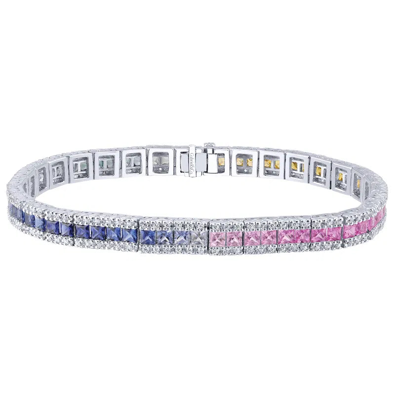 14K White Gold Multi Color Sapphire & Diamond Tennis Bracelet
