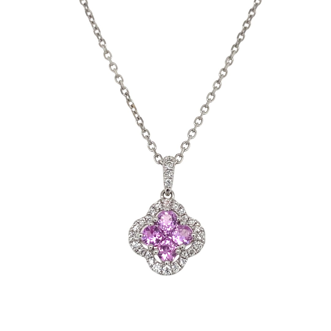 14K White Gold Pink Sapphire & Diamond Clover Necklace