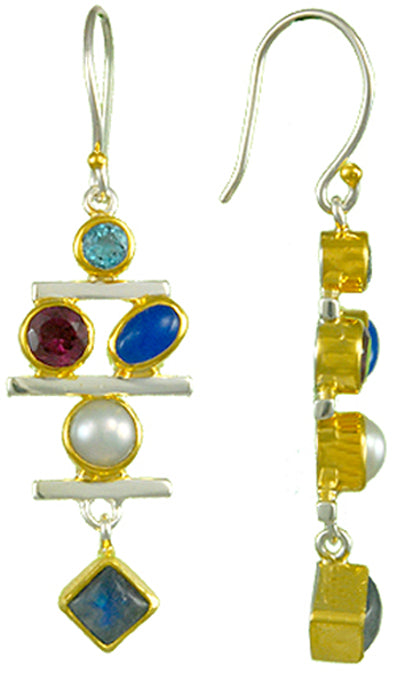 Michou Sterling Silver & 22K Gold Vermeil Earrings with Blue Rainbow Moonstone, Blue Agate & Baby Blue Topaz