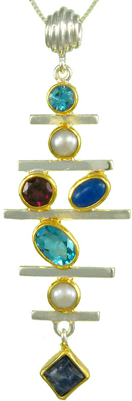 Michou Sterling Silver & 22K Gold Vermeil Pendant Necklace  With Baby Blue Topaz, White Freshwater Pearl, Rhodolite Garnet, Blue Agate & Blue Rainbow Moonstone; 18"