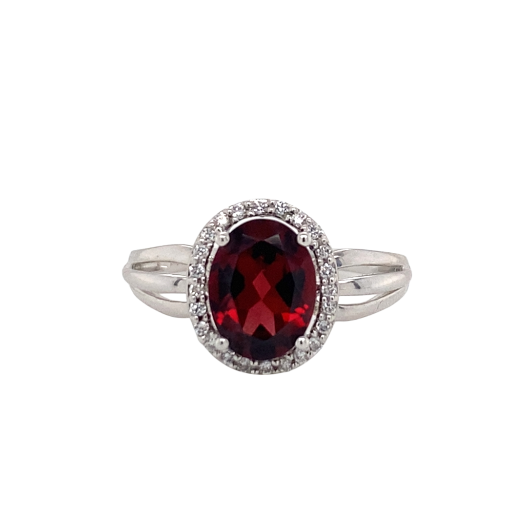 14K White Gold Garnet & Diamond Halo Ring