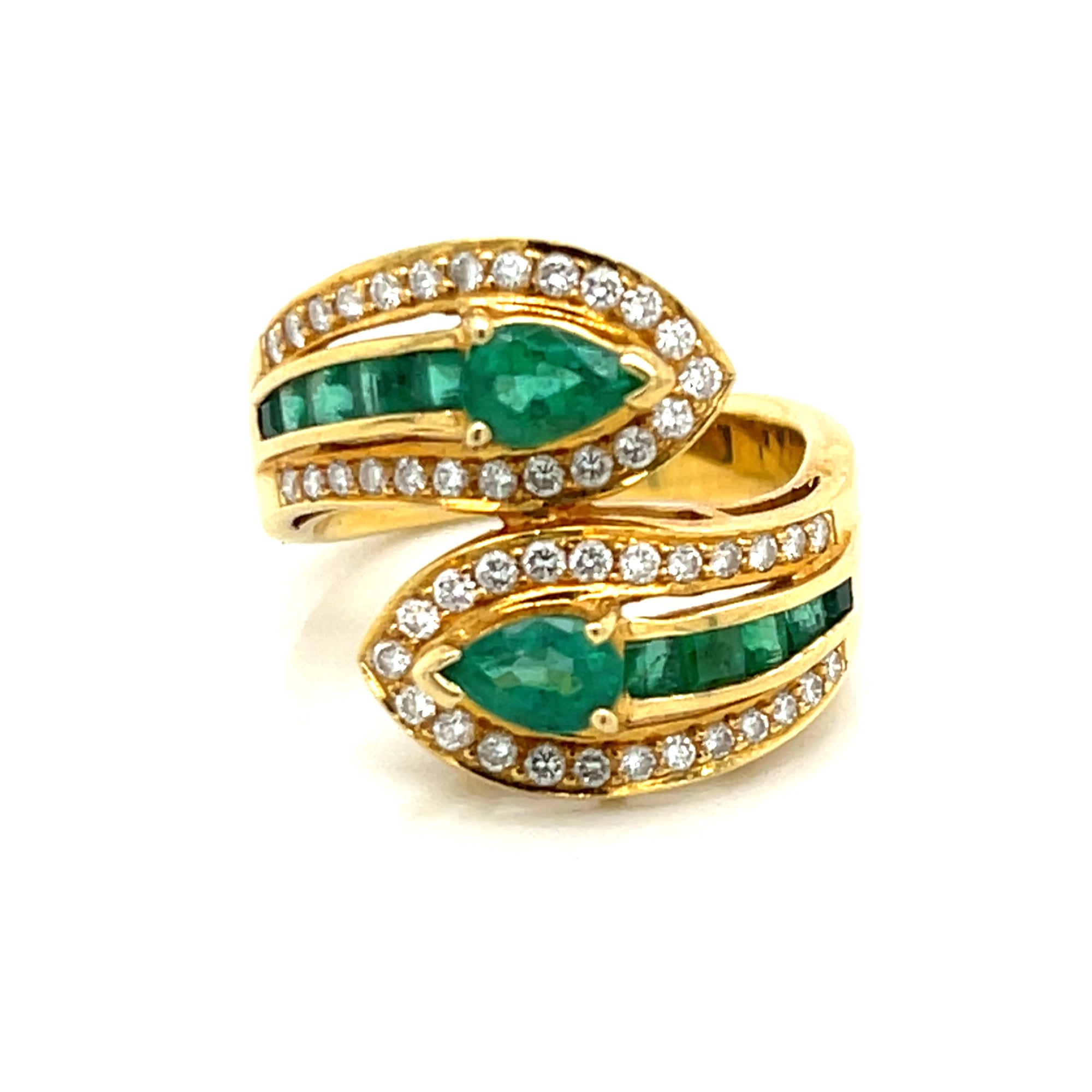 18K Yellow Gold Emerald & Diamond Bypass Ring