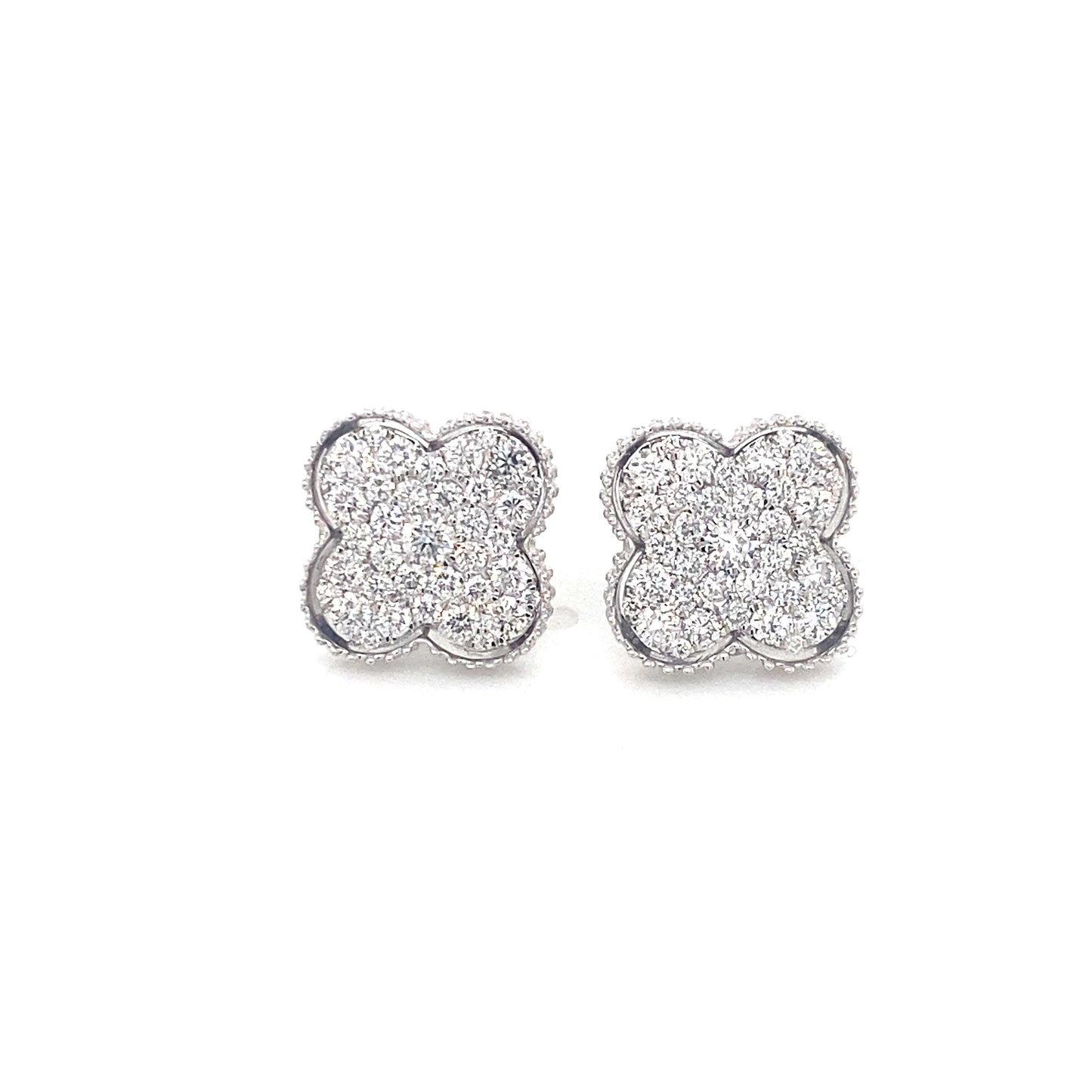 14K White Gold Diamond Clover Stud Earrings