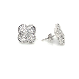 14K White Gold Diamond Clover Stud Earrings