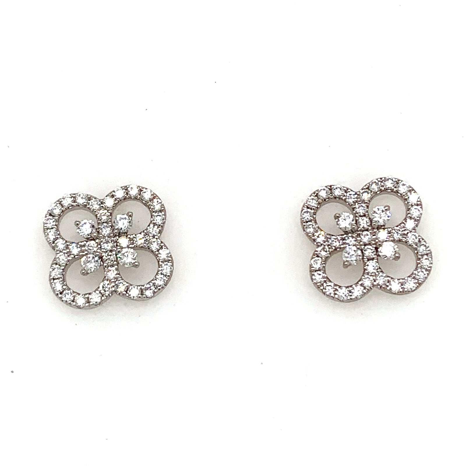 14K White Gold Diamond Clover Stud Earrings