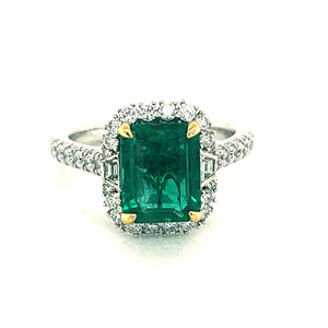 18K White Gold Emerald & Diamond Halo Ring