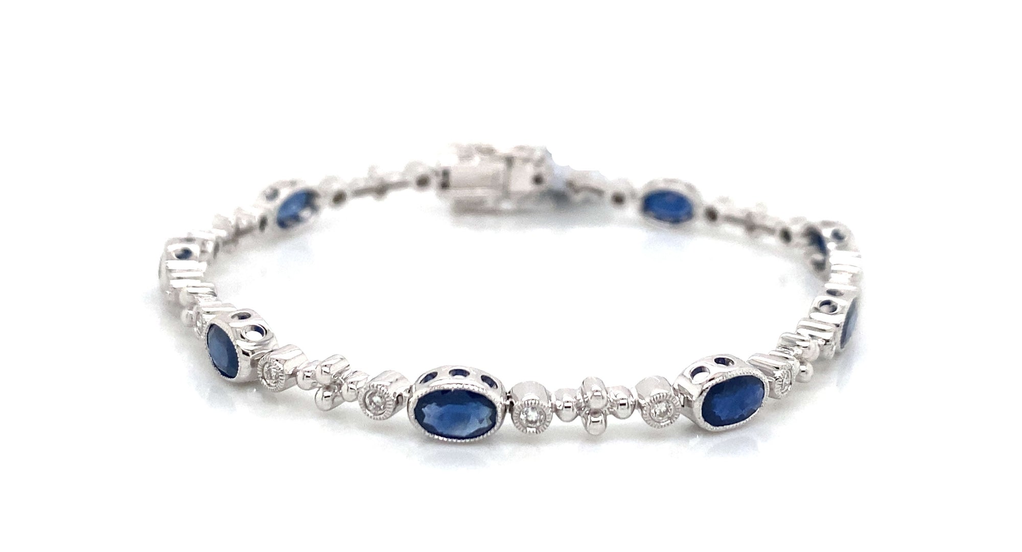 14K White Gold Blue Oval Sapphire & Diamond Bracelet