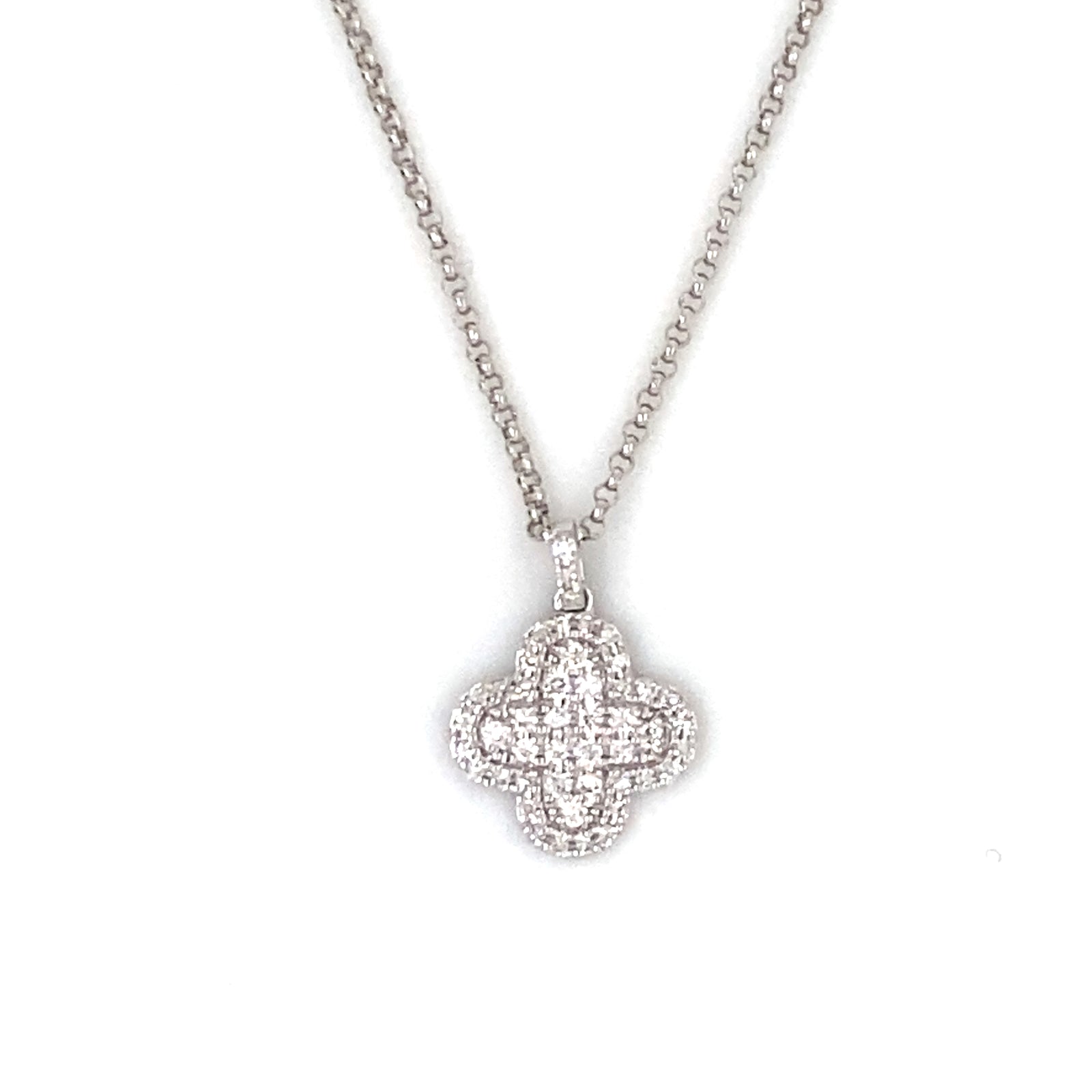 14K White Gold Diamond Clover Necklace