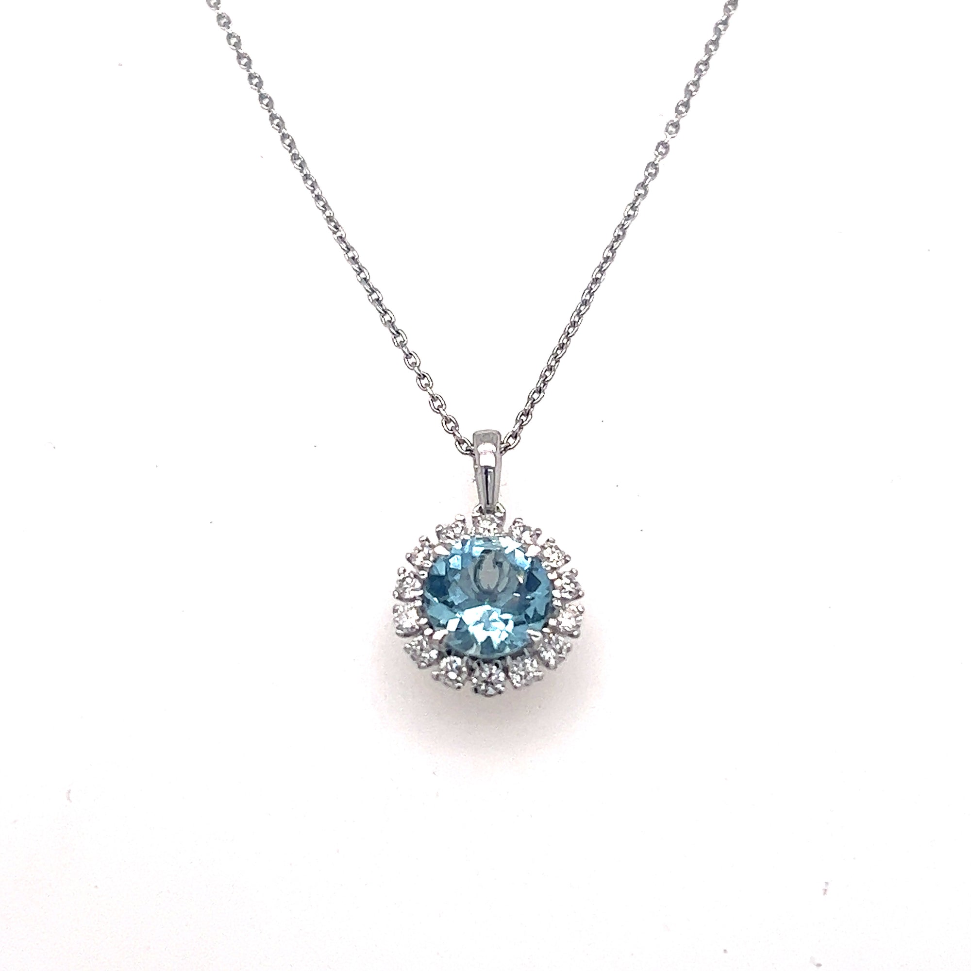 14K White Gold Aquamarine & Diamond Flower Halo Necklace