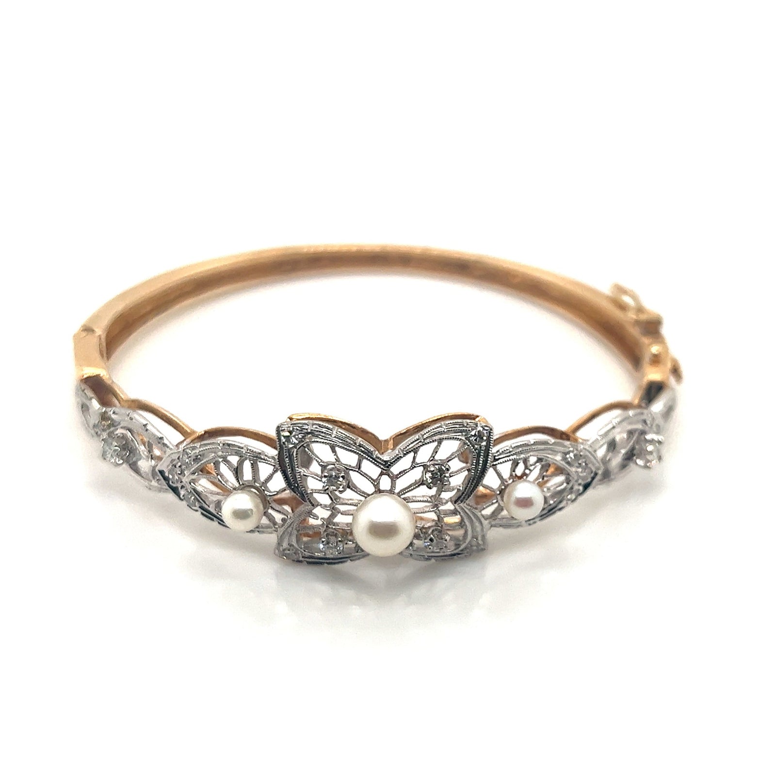 Vintage 14K White & Yellow Gold Pearl & Diamond Hinge Bracelet