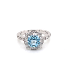 18K White Gold Sky Blue Topaz & Diamond Geometric Halo Style Ring