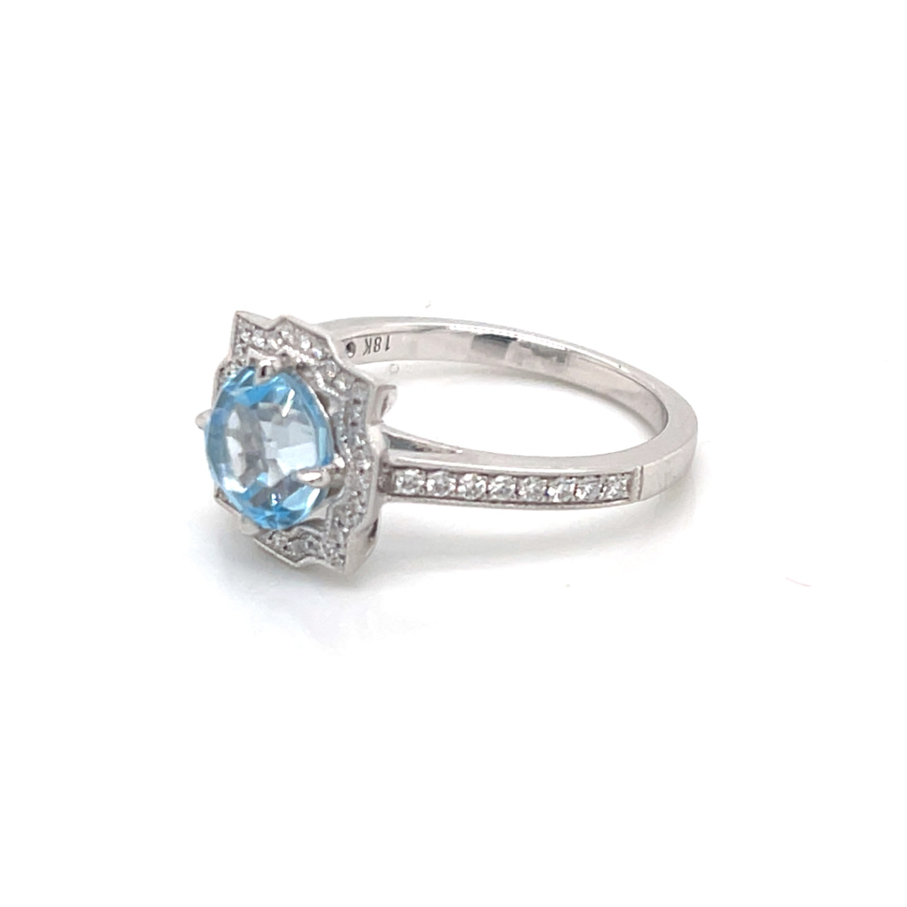 18K White Gold Sky Blue Topaz & Diamond Geometric Halo Style Ring